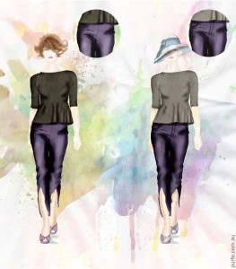 fashion illustration demonstrated two identical women one of them wearing pants with side fastening the other with front one