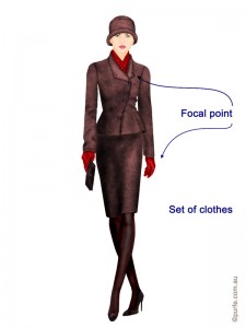 fashion illustration of woman wearing brown jacket and skirt paired with red gloves and scarf style