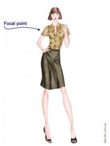 fashion illustration of woman wearing floral blouse and plain brown skirt 