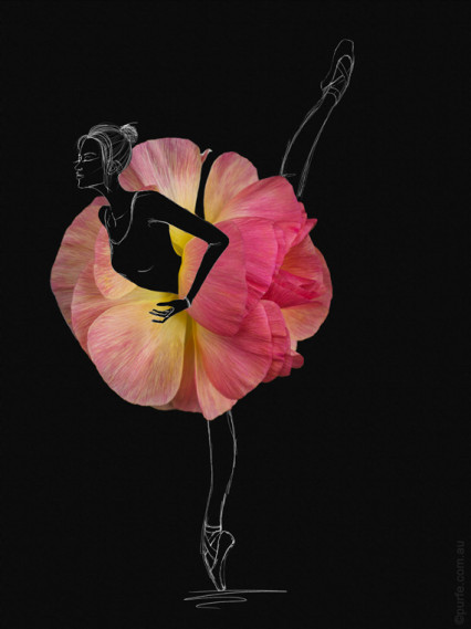 fashion sketch of ballerina with rose poppy flower as a ballet skirt