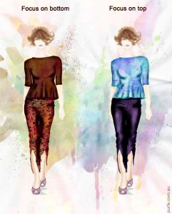 fashion illustration of women wearing theirs peplum and pants outfits with focal point on top and bottom respectively