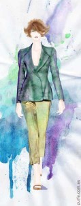 fashion illustration of woman wearing pants with long peplum jacket