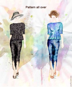 fashion illustration of women wearing patterned  peplum and pants outfit