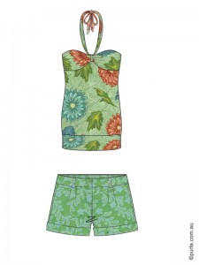 fashion illustration of top and shorts with different scaled floral patterns