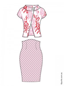 fashion illustration of floral jacket and polka dot skirt