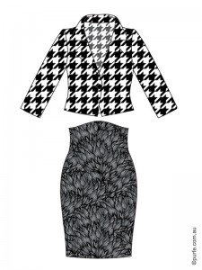 fashion illustration of high contrast hounds tooth jacket and low contrast floral skirt