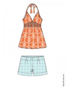 fashion illustration of orange top and light blue shorts