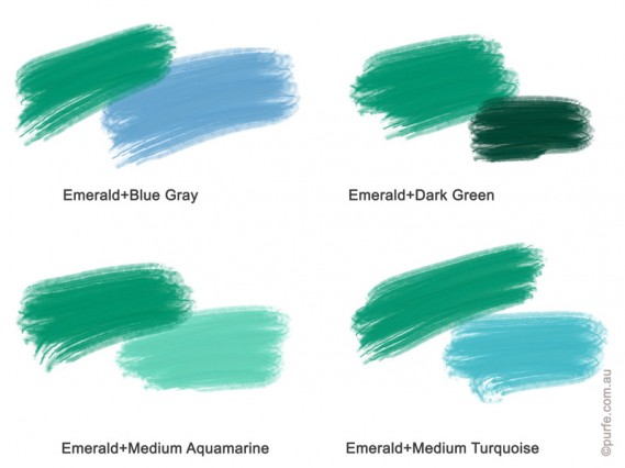 Colour swatches of Emerald with different shades of blue and green