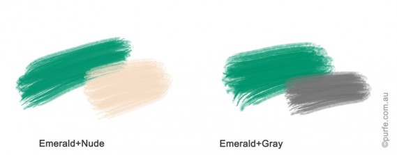 Colour swatches of Emerald with nude and grey