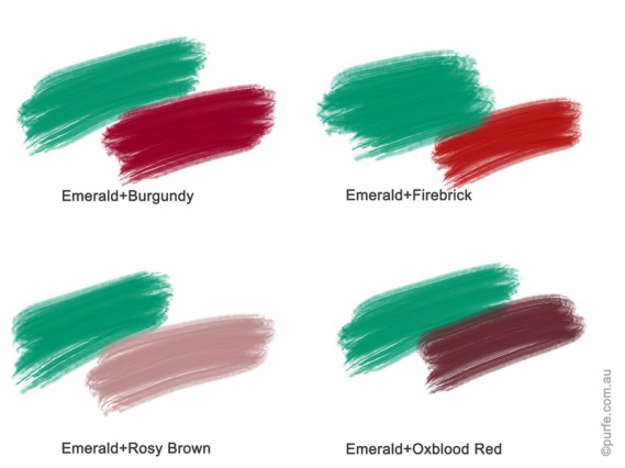 Colour swatches of Emerald with Burgundy, Firebrick, Oxblood Red, Rosy Brown