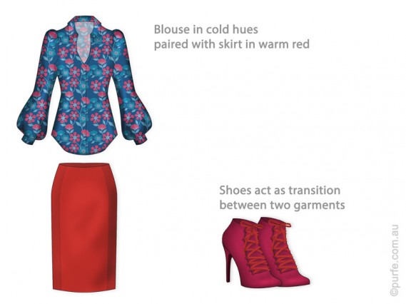 Dress shirt in cold hues paired with warm red skirt.