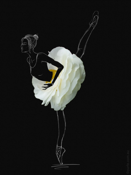 fashion sketch of ballerina with white anemone flower as a ballet skirt