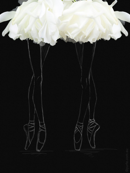fashion sketch of ballerina on pointe shoes with white rose flower as a ballet skirt